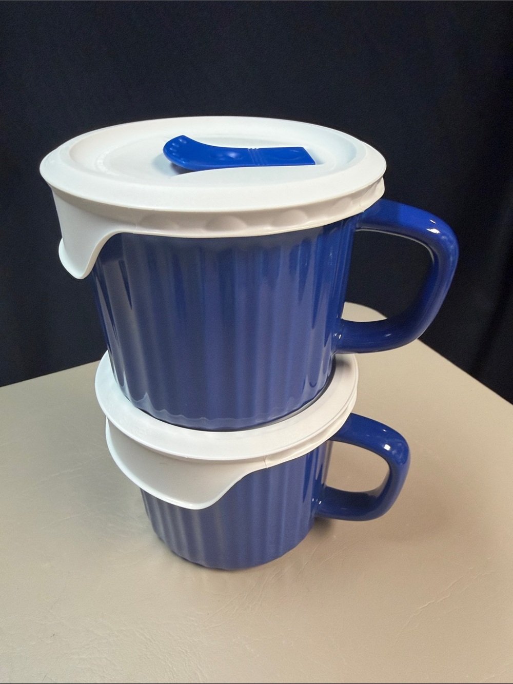 Corningware Blue Ribbed Ceramic Food Storage Mugs with White Lids (Set of 2)